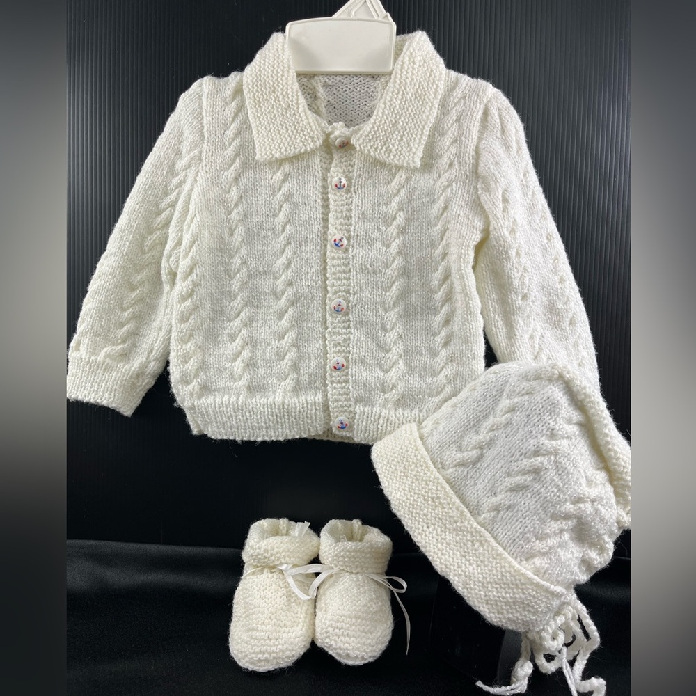 Charming White Knit Baby Ensemble VTG Hand Knitted White 6 - 12 months